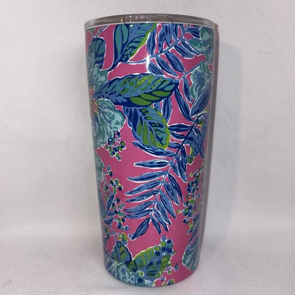 Lilly Pulitzer Pink Green Floral Ceramic Tumbler Gold Lid Coffee Travel Mug Cup - Picture 1 of 6